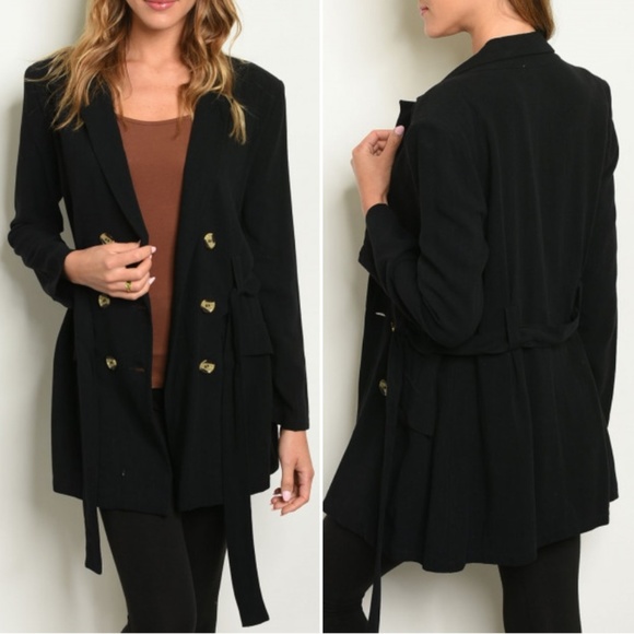 BLACK BELTED & BUTTON CLOSURE JACKET - Picture 1 of 8